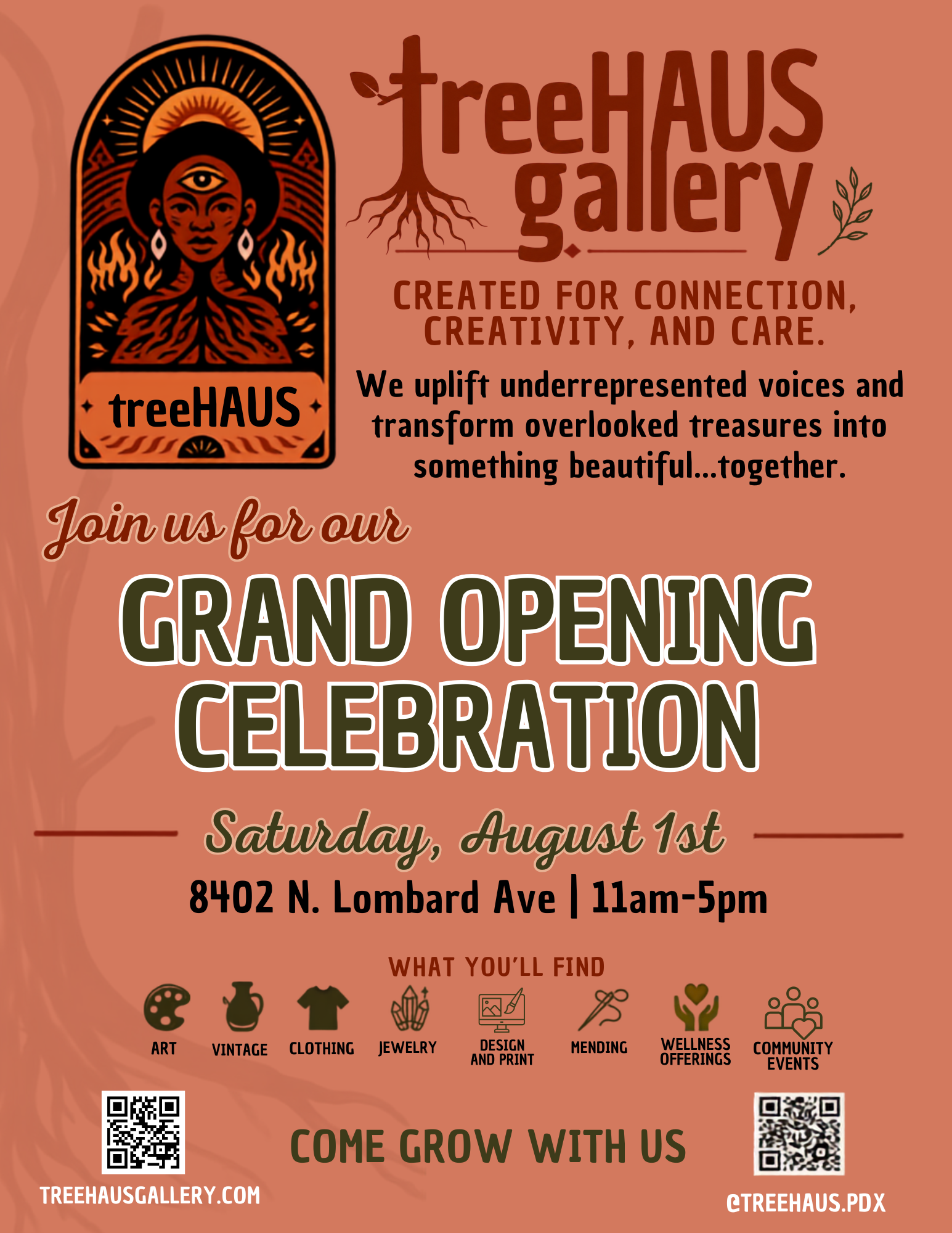 Grand opening flyer designed for treeHAUS gallery