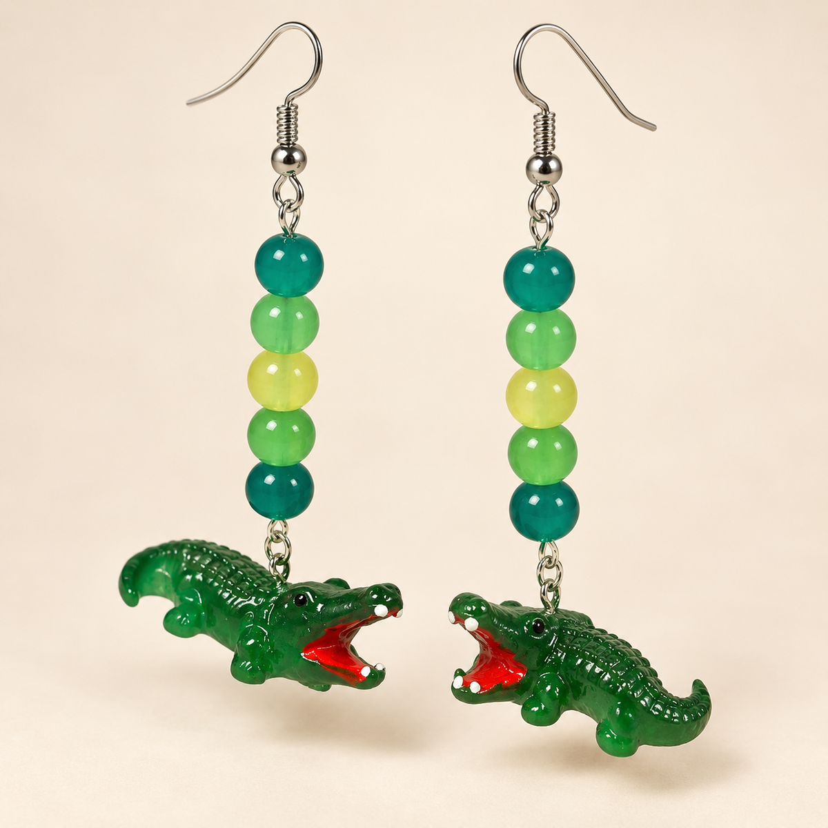 Alligator Earrings With Green Beads