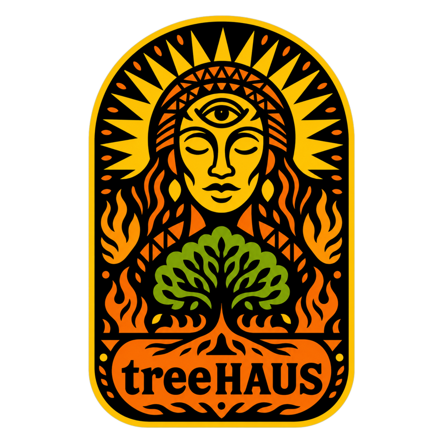 A stylized arched logo or emblem featuring a yellow face with an eye on the forehead, orange flames, a green tree, and the text 'treeHAUS' at the bottom, set on a black background with a yellow border.